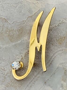 Gold Initial 'M' Brooch Pin with Clear Crystal CZ Accent